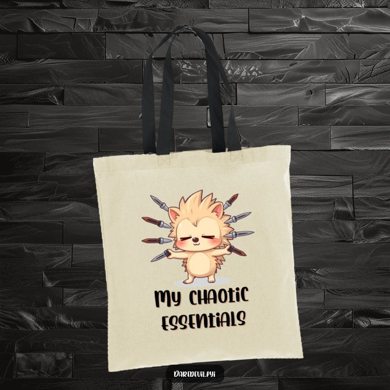 Funny hedgehog juggles sharp objects with eyes closed, a chaotic yet stylish accessory for a funny tote bag.