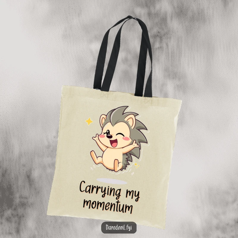 Funny hedgehog character doing a dynamic somersault on a reusable tote bag, showcasing energy and personality.