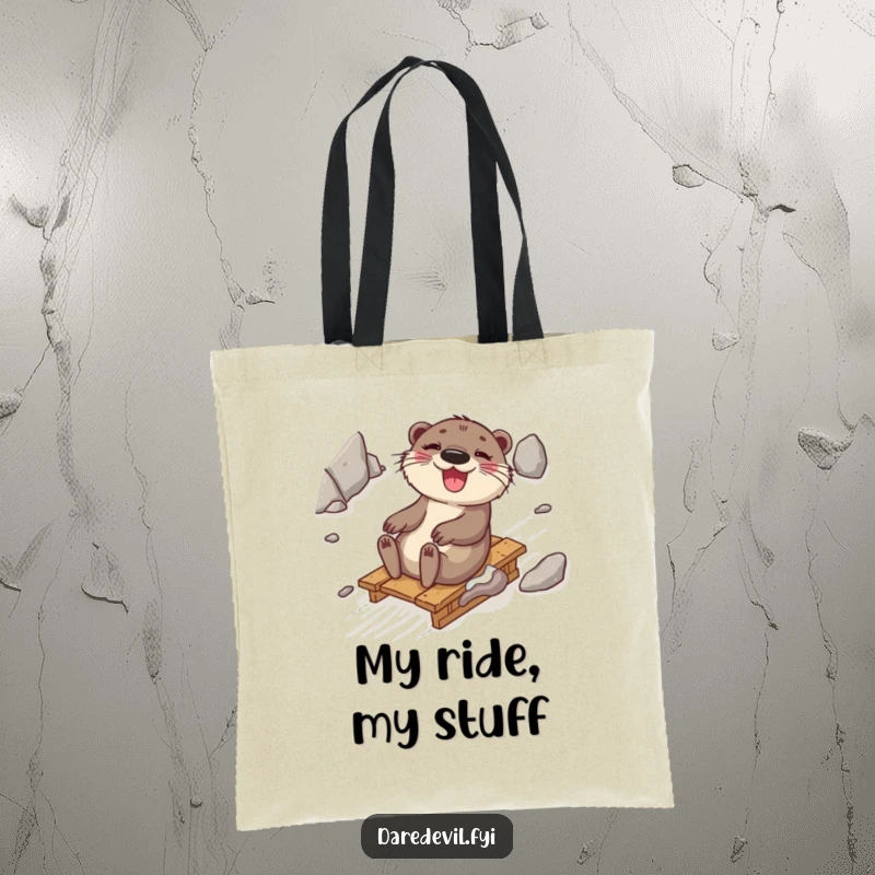 Funny otter giggling while sliding down a rocky terrain on a sled, great for carrying items with a humorous and adventurous flair.