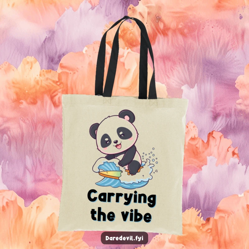 Funny Tote Bag with a smiling panda attempting to surf a tiny, crashing wave, perfect for stylish and humorous beach trips.