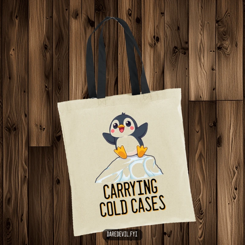 Funny tote bag showing a surprised penguin expertly navigating a steep icy ramp, blending utility with humor.