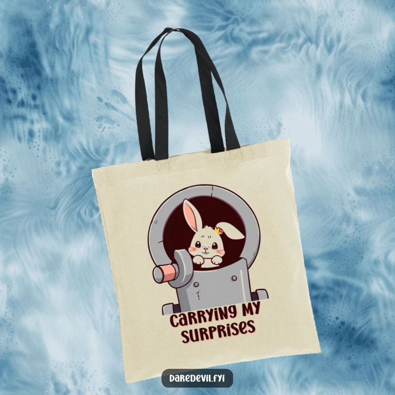Funny rabbit tote bag showing a curious rabbit peeking out from a cannon, ready for an exciting journey.