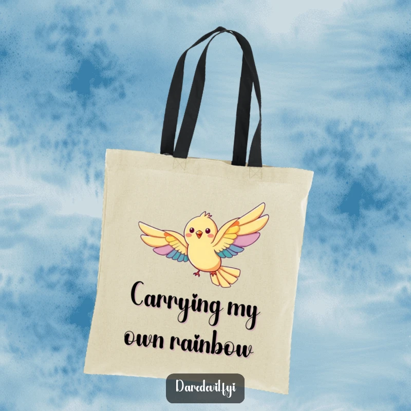 Funny rainbow bird tote bag: a bird flies with oversized rainbow wings, a cheerful and humorous accessory.