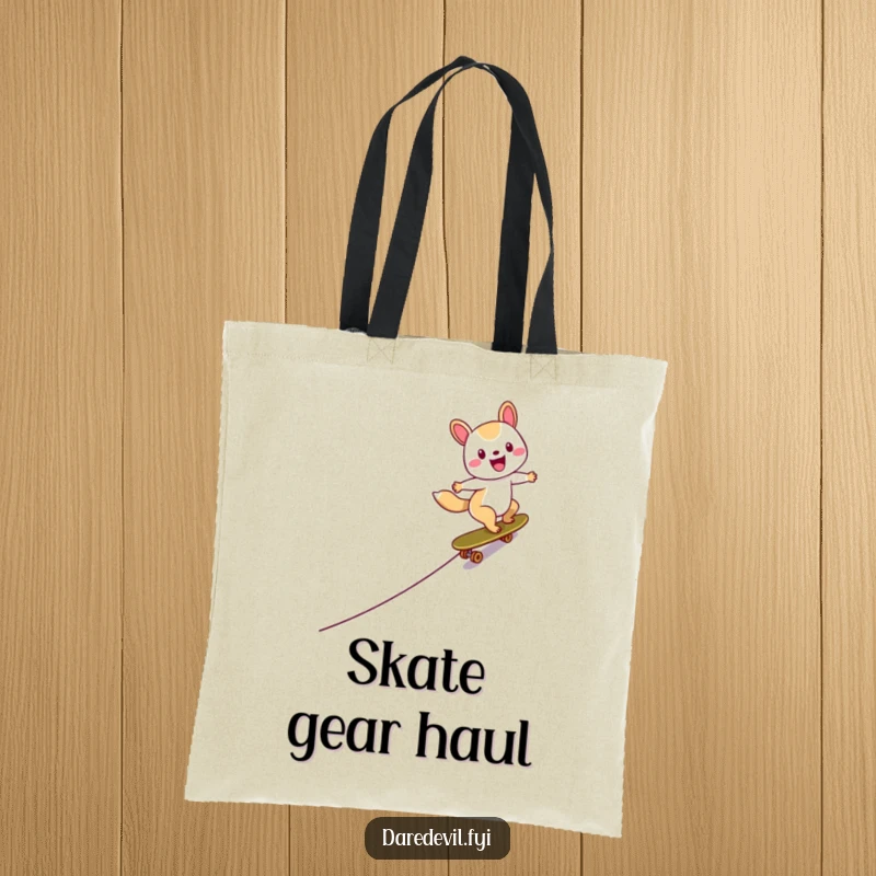 Funny Skater Animal Tote Bag with a happy character skateboarding rapidly down a ramp, ideal for carrying items with flair.