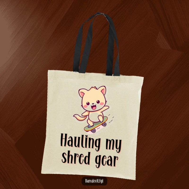 Funny Tote Bag illustrating a cheerful animal character mastering a miniature skateboard ramp with energetic flair and a happy expression.