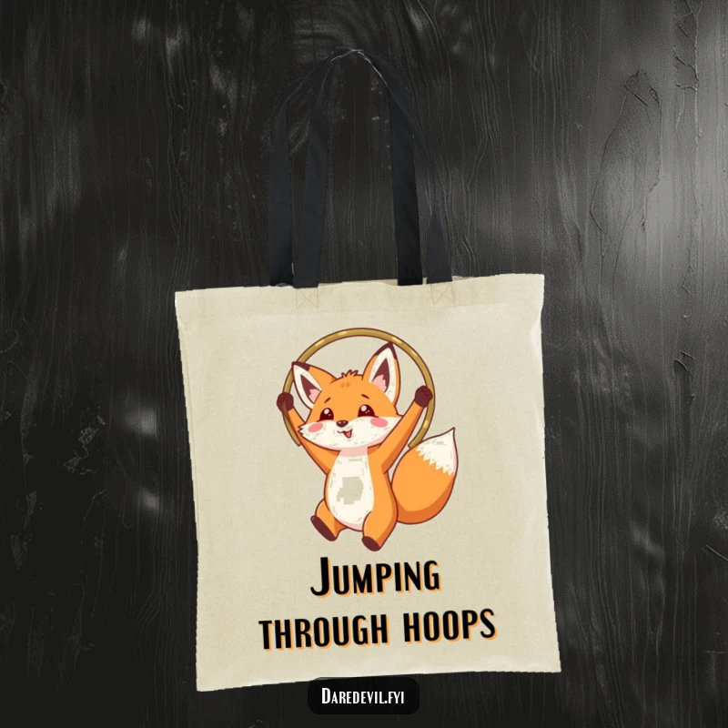 Funny fox jumping through a hoop, printed on a durable tote bag, ideal for stylish, humorous carrying.