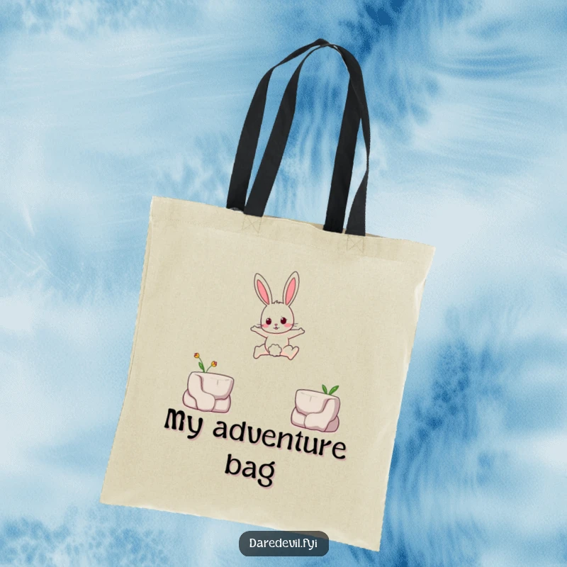 Funny tote bag with a brave rabbit character leaping across a small gap between two tiny platforms, a charming and humorous accessory.