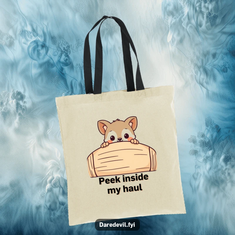 Funny Tote Bag showing a curious animal character playfully peeking over a large, whimsical obstacle, a humorous and practical accessory.